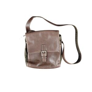 Fossil Brown Leather Olive Nylon Crossbody Messenger Bag Organizer Flap Bag